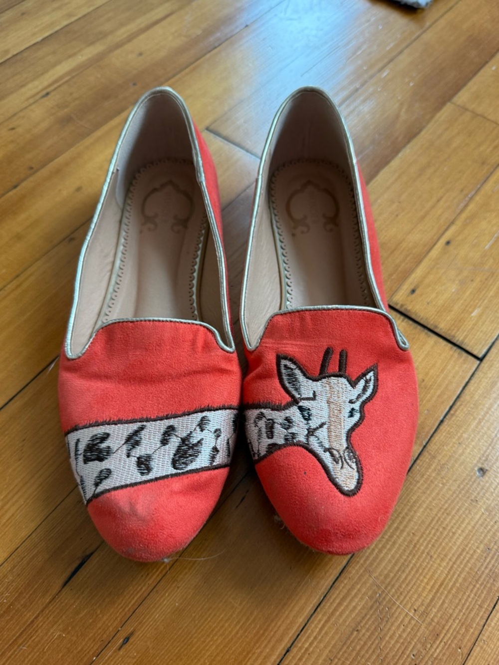 Embroidered Giraffe Orange Slip-On Flats